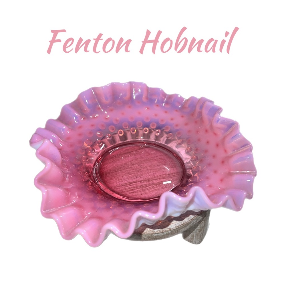 Fenton Opalescent Pink Ruffled Edge Hobnail Dish